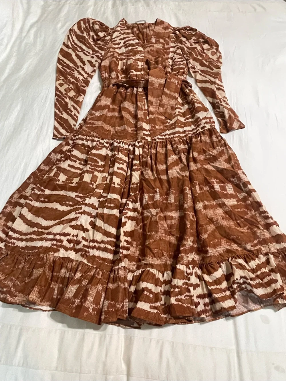 New Ulla Johnson Leila Belted Printed Silk Midi Dress Brown Sz 4 - Picture 4 of 12